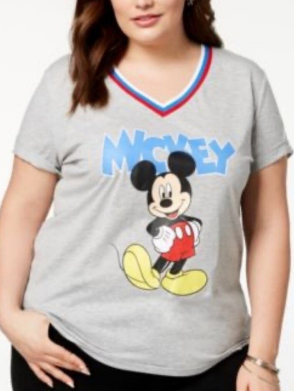Disney Mickey Graphic V-Neck Tee - Gray with Red, White, & Blue